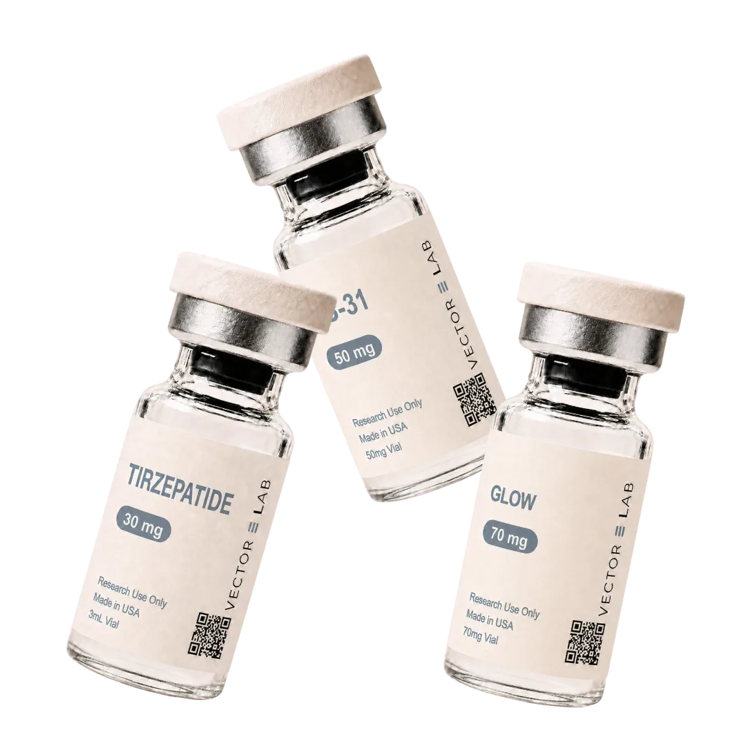 High-purity research peptide vial, HPLC and mass spectrometry tested, from Vector E Lab